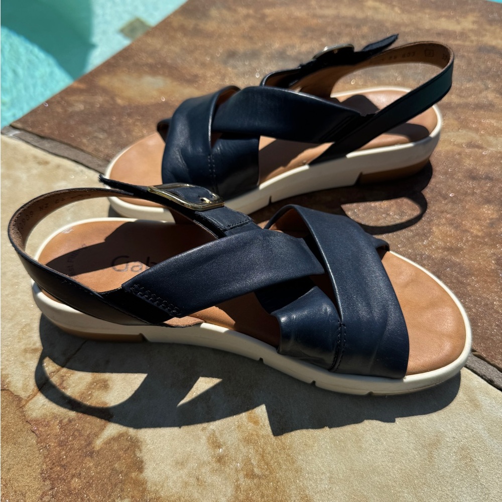 Gabor Navy Leather Low Wedge Sandals